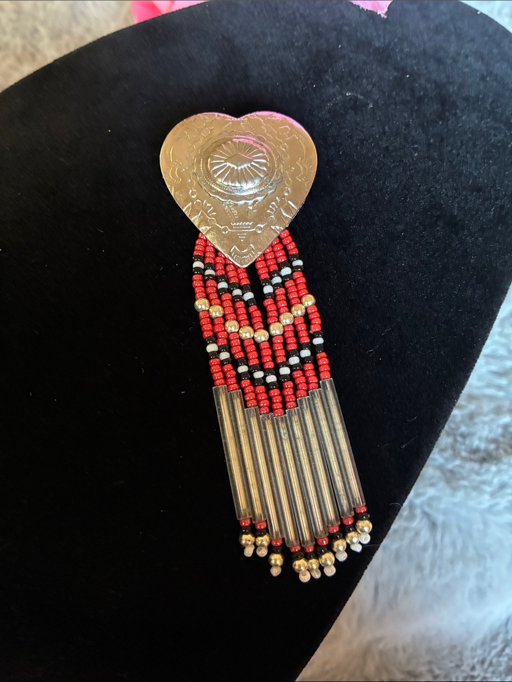 Heart Concho Red Beaded Fringe Statement brooch